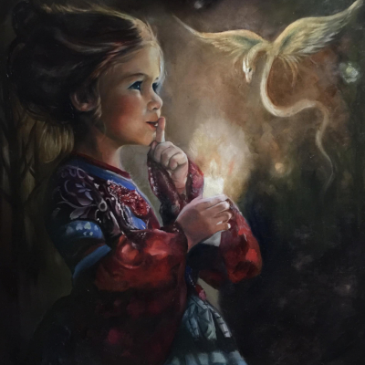 Oil Painting art child secrets by Loretta Thomason