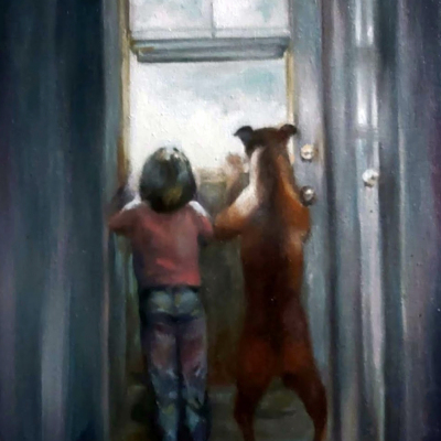 Oil painting child pet by Loretta Thomason