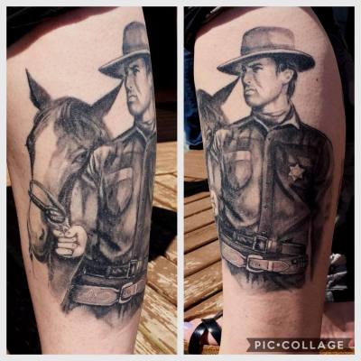 Black and Grey Clint Eastwood tattoo by Loretta Thomason