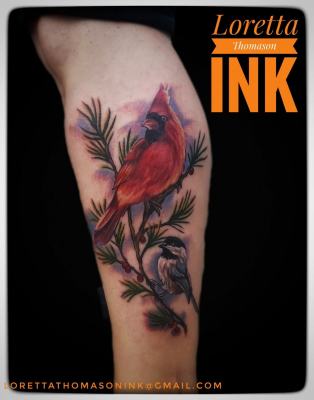 Cardinal chickadee tattoo by Loretta Thomason